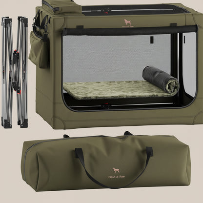 Green pet travel crate with mesh door and carrying bag on a beige background