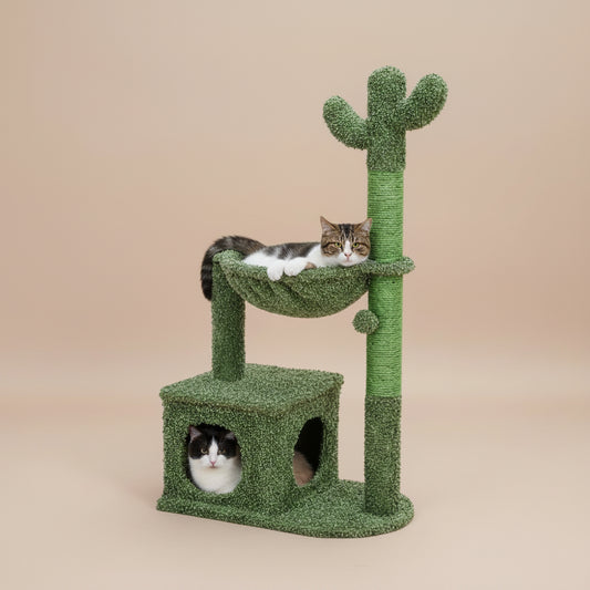 Green cat tree with multiple levels and a hammock on a beige background