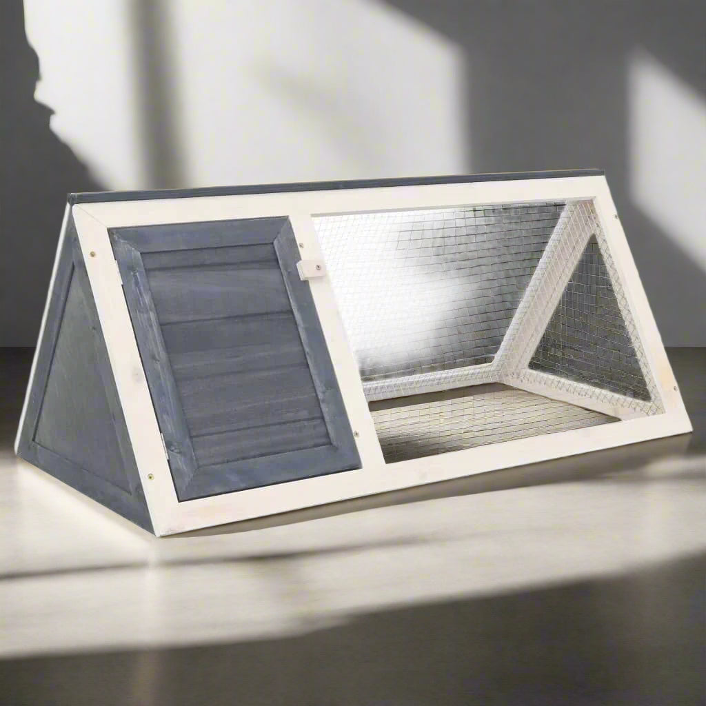 Animal Cage Grey and White Fir Wood, Plywood, Iron Wire Medium