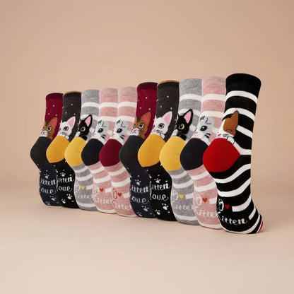 5 Pairs of Women'S Crew Socks with Cat Patterns, Cute, Unique, Fun, Comfortable, Moisture-Wicking