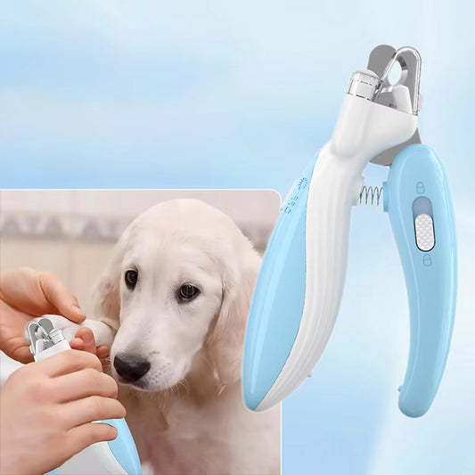 Pet nail clipper with a dog in the background on a light blue gradient background
