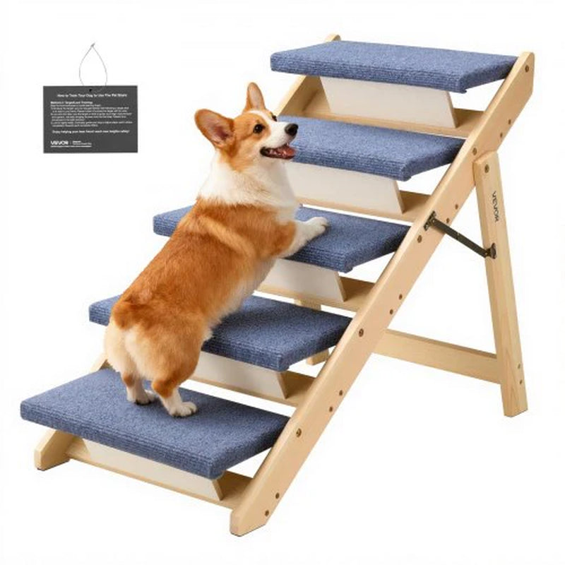 Wood Pet Stairs, 5-Step Dog Stairs for Beds, Sofa & Cars, 150Lbs Load Capacity, Floded Flat Design, Stable & Sturdy Cat & Dog Step Ladder for Small Medium Large Older Pet Puppy Essentials