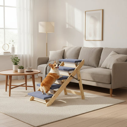 Dog using a set of wooden stairs with blue pads in a living room seting