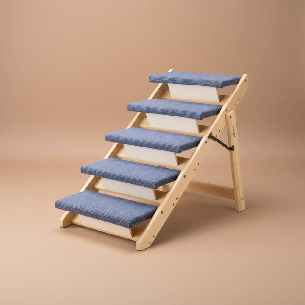 Dog using a set of wooden stairs with blue pads on a white background