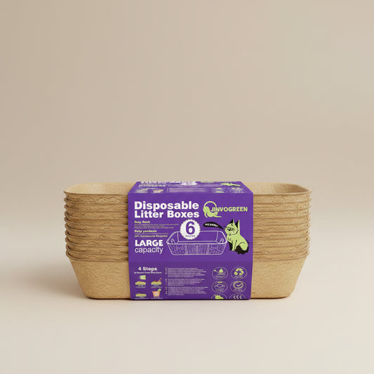 Disposable litter box with a cat and Juvogreen packaging on a beige background