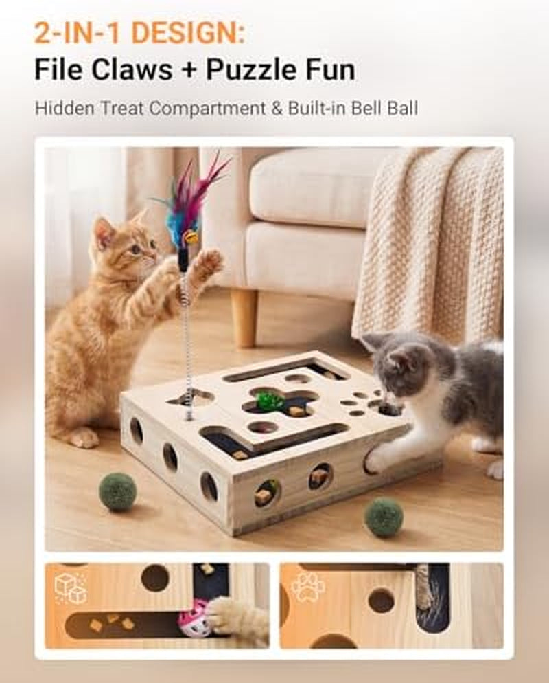 Cat Toys for Indoor Cats - Cat Nail File Box with Interactive Cat Toys, 2026 Upgraded Cat Puzzle Feeder Scratch Puzzle Toy for Indoor Cats, Natural Claw Care with 2 Wand Toys&Catnip Ball&4 Bell Ball