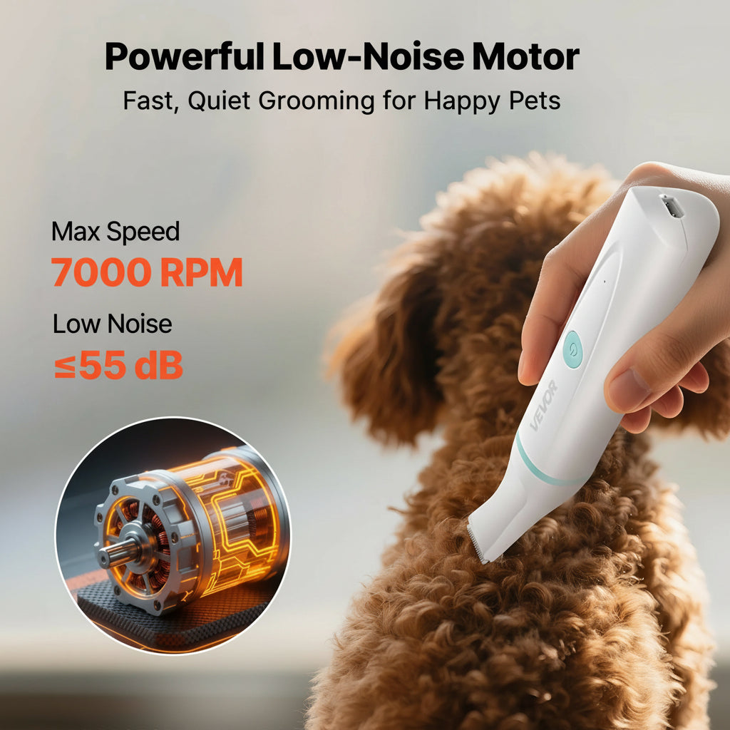 Pet grooming tool with a hand holding it, close-up of motor, and text about speed and noise level.