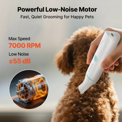 Pet grooming tool with a hand holding it, close-up of motor, and text about speed and noise level.