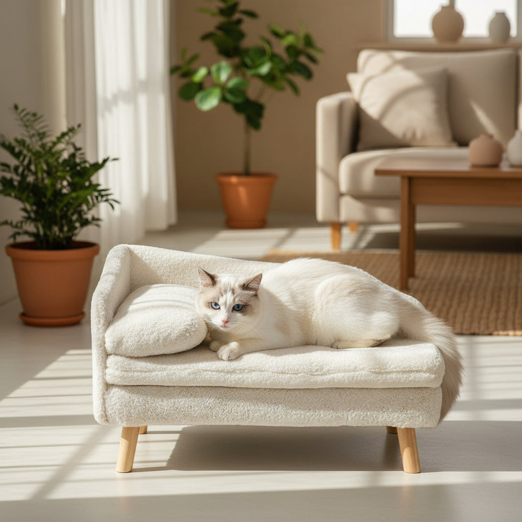 Luxury Elevated Dog Sofa Bed with Backrest Plush Cushion Wooden Legs Raised Dog Bed Lounger Chair for Small Medium Dog Cat Chair