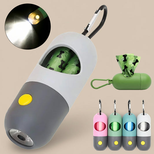 Pet waste bag dispenser with LED light and multiple color options on a white background