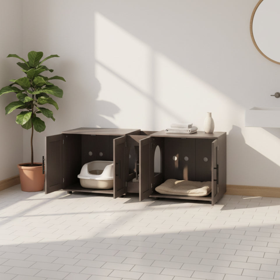 Pet litter box cabinet in a bathroom setting