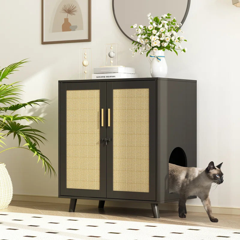 Modern Cat Litter Box Enclosure with Lock and Sisal Door