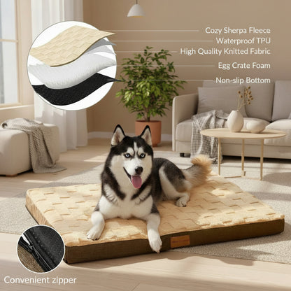 Dog lying on a pet bed with features highlighted, including Cozy Sherpa Fleece, Waterproof TPU, High Quality Knitted Fabric, Egg Crate Foam, Non-slip Bottom, and Convenient zipper.