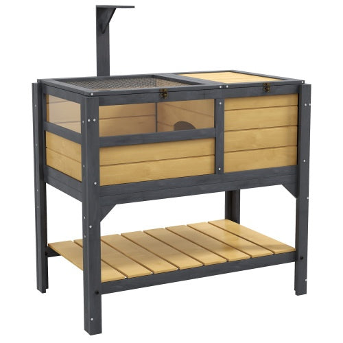 Two-level wooden pet cage with metal frame on a white background