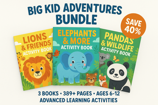 fan out arrangement of children's animal themed activity books Title: "BIG KID ADVENTURES BUNDLE"
Stats: "3 BOOKS • 389+ PAGES • AGES 6-12"
Focus: "ADVANCED LEARNING ACTIVITIES"
Savings: "SAVE 40%"