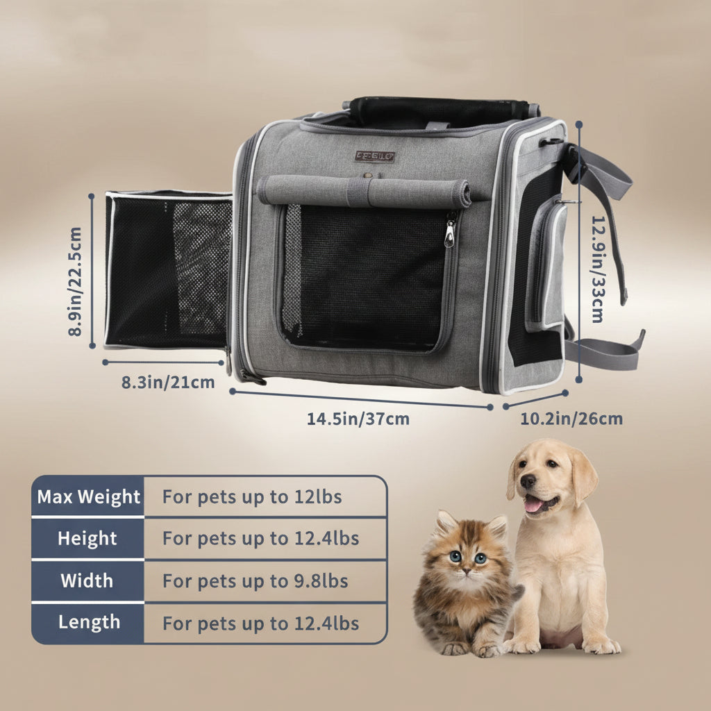 Pet carrier with dimensions and capacity details on a beige background