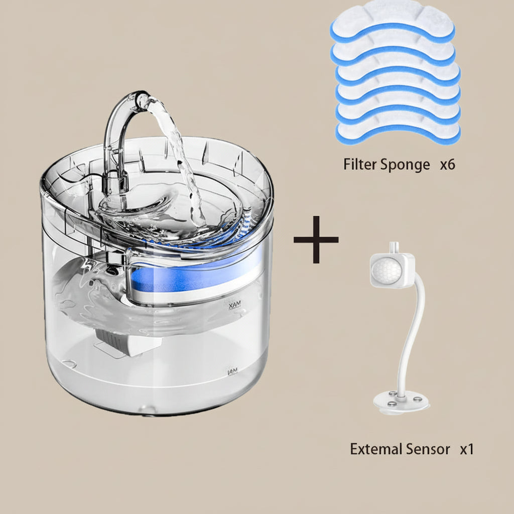 Clear water fountain with filter sponges and external sensor on a beige background