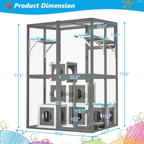 Outdoor Wooden Cat Catio - Large Solid Wood Cat Cage Playpen with 2 Jumping Platforms &amp; 7 Napping Houses, Walk-in Cat Kennel Condo Shelter, Grey