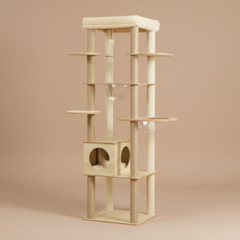 Cat tree with two cats in a living room setting