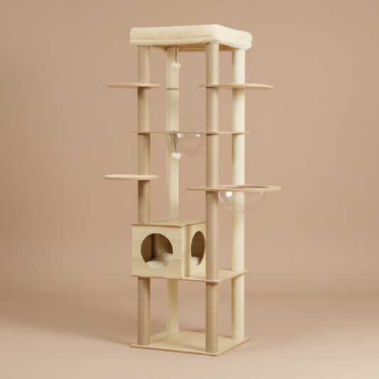 Cat tree with two cats in a living room setting