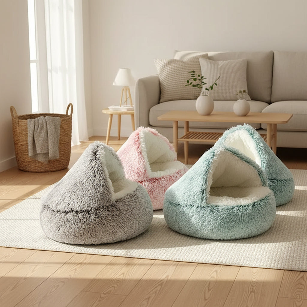 Four plush pet beds in gray, pink, and blue on the floor of a living room.