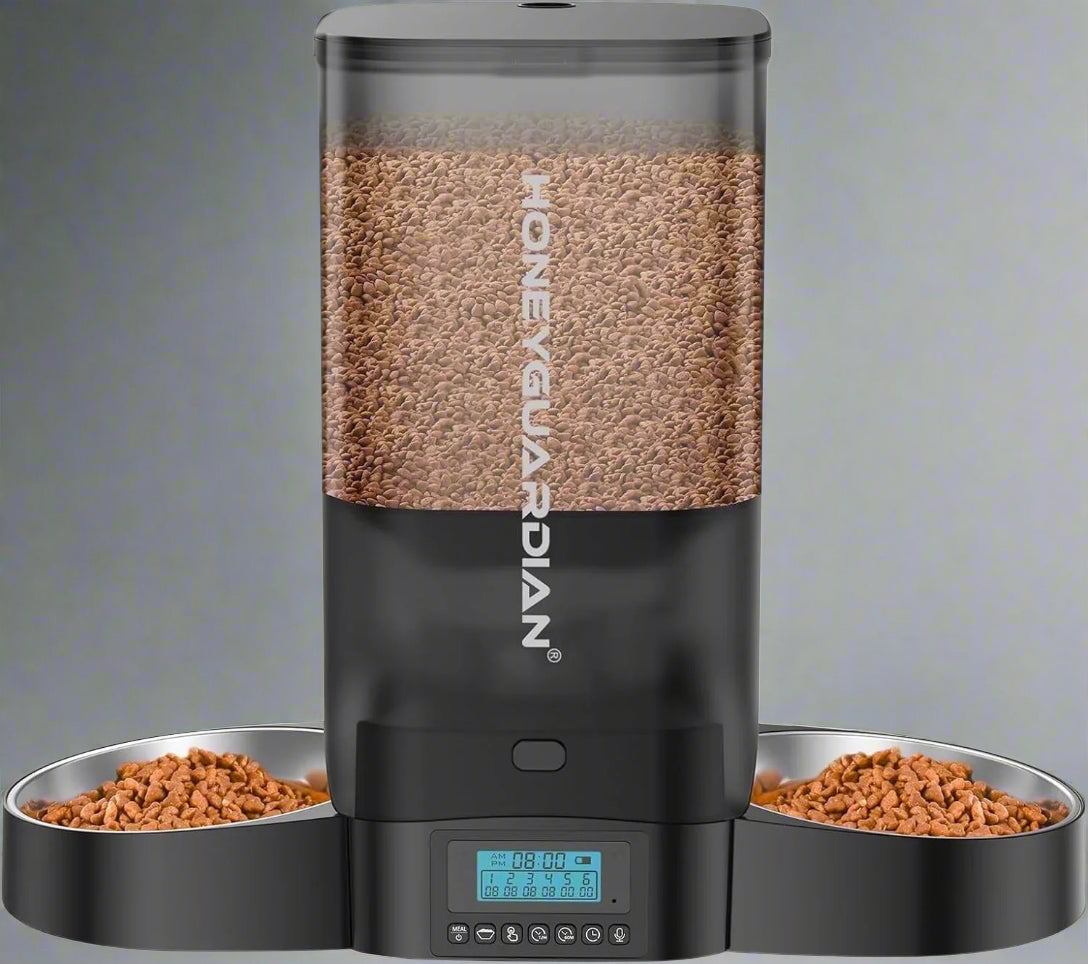 5L Smart Automatic Cat Feeder with dual-side distribution and stainless steel bowl