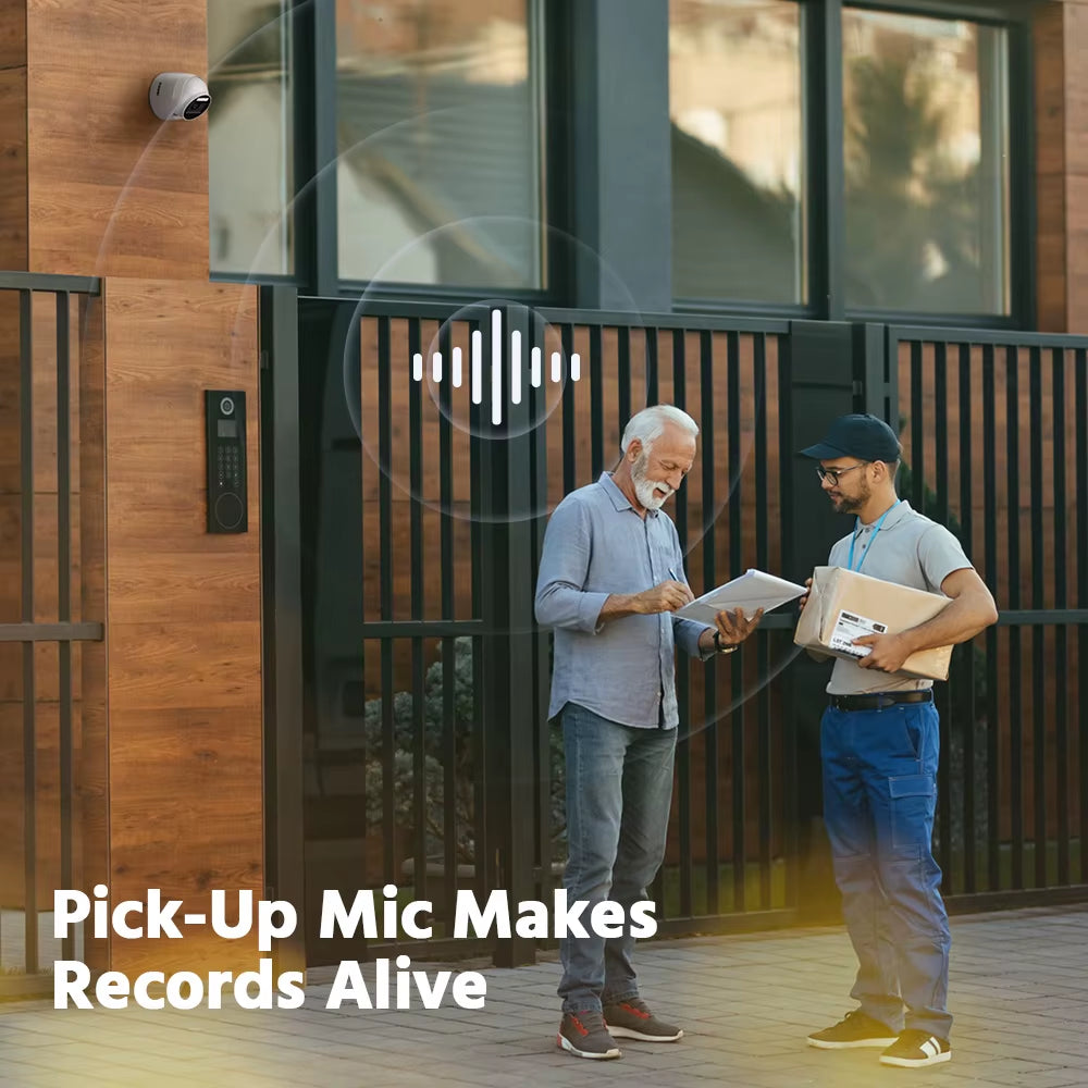 Two men standing outside a building with a 'Pick-Up Mic Makes Records Alive' text overlay.