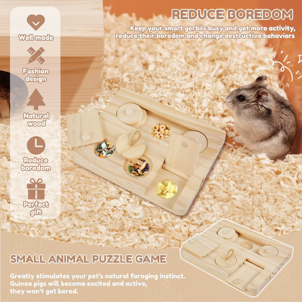 Small animal puzzle game for pets with a gerbil on a wooden background