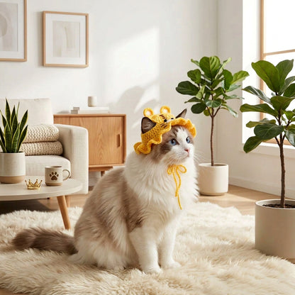 Cat wearing a yellow knitted hat with a bow on a beige background