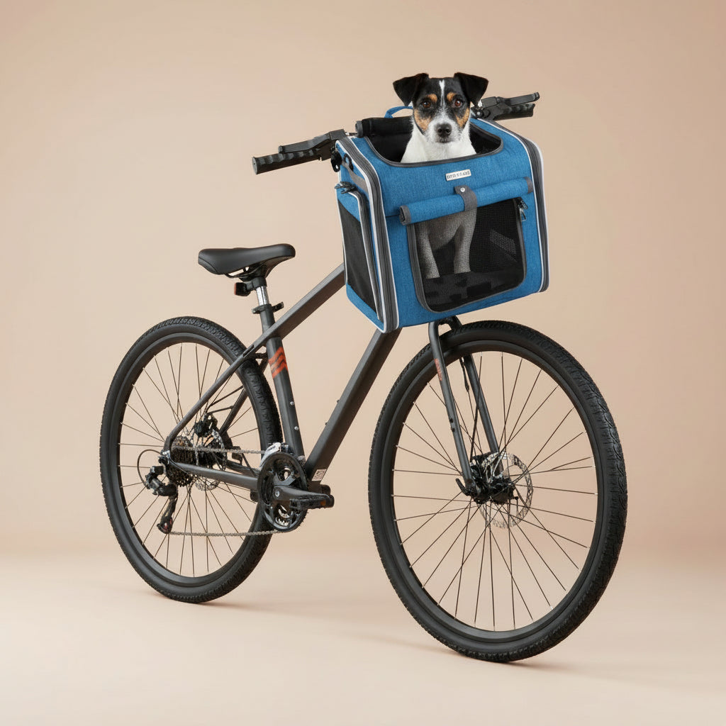 Blue pet bike carrier with a black & white dog inside, attached to a bicycle.