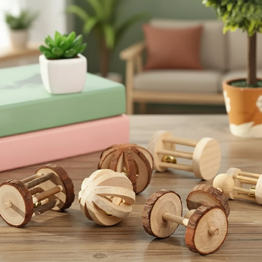 Cute Rabbit Roller Toys Natural Wooden Pine Dumbells Unicycle Bell Chew Toys for Guinea Pigs Rat Small Pet Molars Supplies