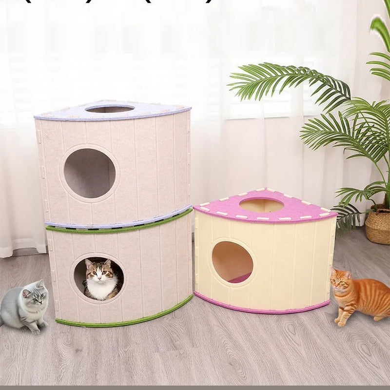Four-Season Felt Fan-Shaped Cat Villa, Enclosed Large Scratch-Resistant Calming Pet Bed, Warm Deep Sleep Cat House for Multi-Cat Families Indoor Use