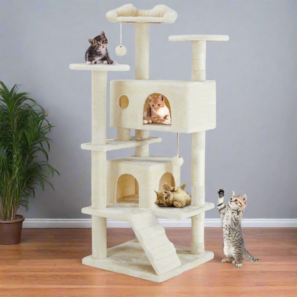Cat tree with multiple levels and a slide, featuring cats on different platforms.