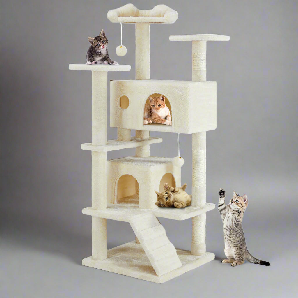 Cat tree with multiple levels and a slide, featuring cats on different platforms.