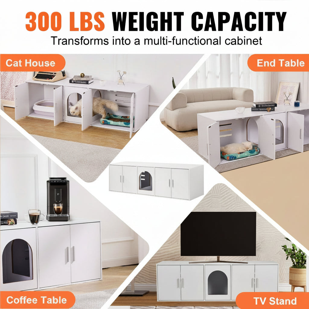 Multi-functional furniture piece with cat house, end table, coffee table, and TV stand features, showcasing 300 lbs weight capacity.
