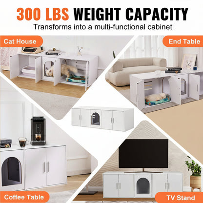Multi-functional furniture piece with cat house, end table, coffee table, and TV stand features, showcasing 300 lbs weight capacity.
