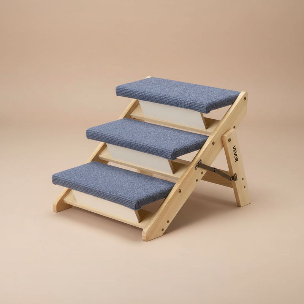 Pine wood folding pet stairs with 3 blue carpet covered steps on a beige background