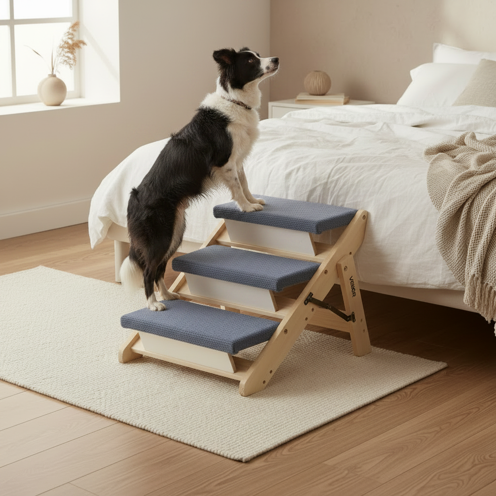 dog using pet stairs next to a bed