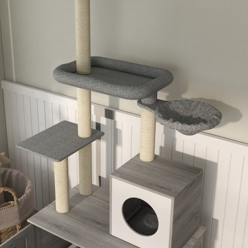 PawHut Cat Tree with Litter Box Enclosure - 2 in 1 Floor to Ceiling Cat Tower Litter Box Furniture with Condo, Bed, Hammock, Scratching Posts, and Platforms for Indoor Use, Gray