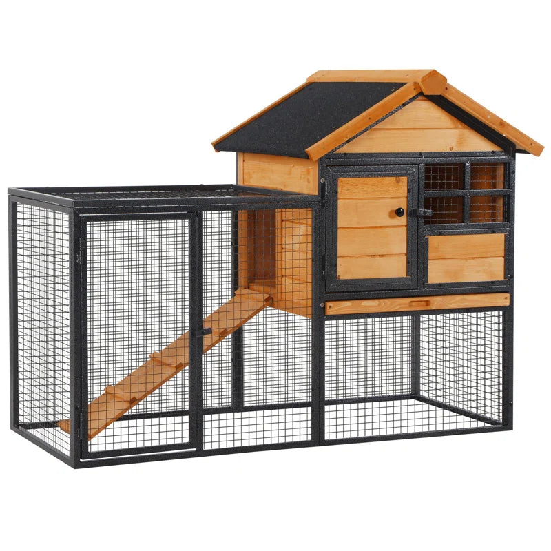 Wood-Metal Pet House Elevated Rabbit Hutch Bunny Cage Small Animal Habitat with Slide-Out Tray Lockable Door Water-Resistant Asphalt Roof for Outdoor 48" X 24.75" X 36.25" Light Yellow