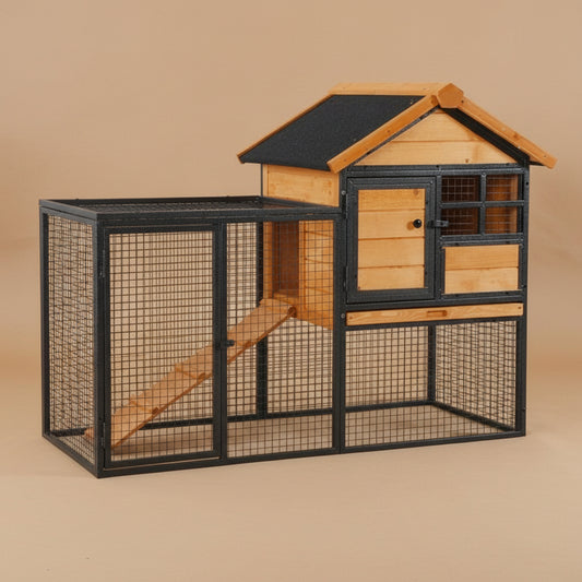 Wood-Metal Pet House Elevated Rabbit Hutch Bunny Cage Small Animal Habitat with Slide-Out Tray Lockable Door Water-Resistant Asphalt Roof for Outdoor 48" X 24.75" X 36.25" Light Yellow