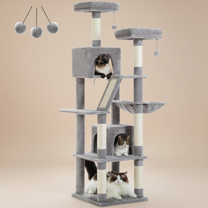Gray cat tree with multiple levels and a cats sitting on the shelves.