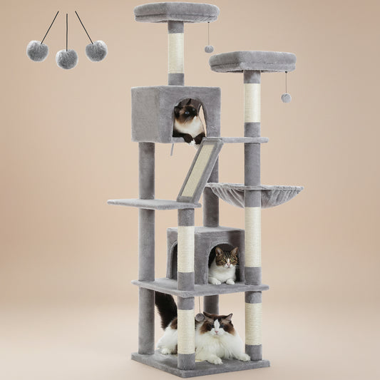 Gray cat tree with multiple levels and a cats sitting on the shelves.