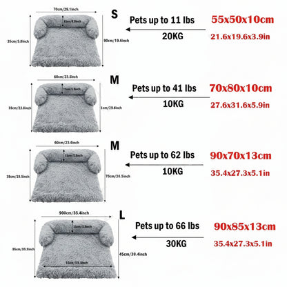 Size chart for a pet sofa with dimensions and weight capacity for different sizes.