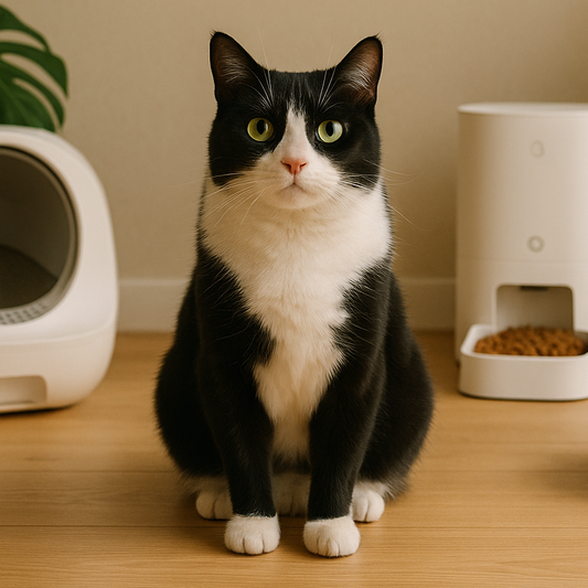 Cat sitting on a wooden floor with pet products and plants in the background.