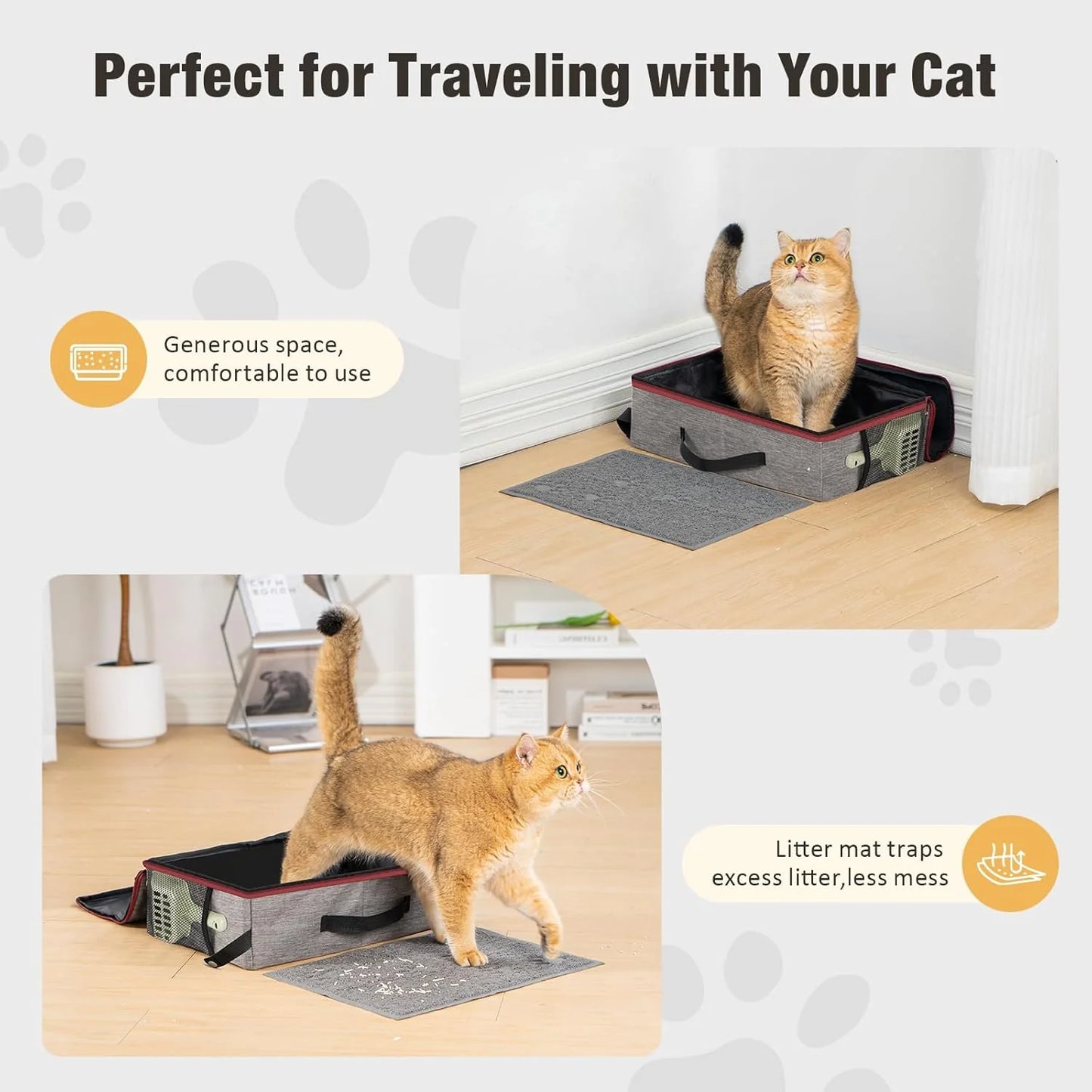 Travel Litter Box for Cats, Waterproof Leak-Proof Foldable Collapsible Kitty Box with Zipped Lid, Mat and Scoop, Easy to Carry Ideal for Hotels Cars