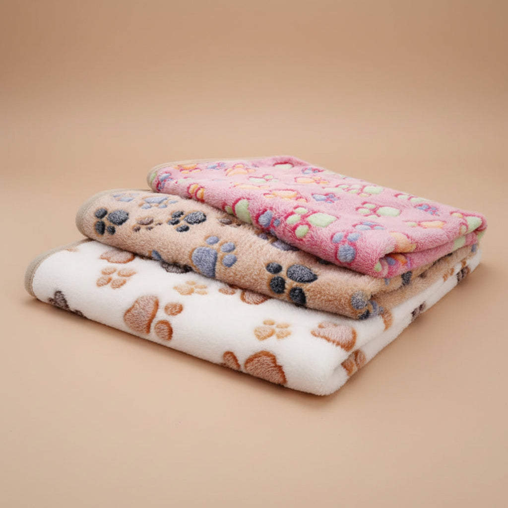 Stack of soft blankets with paw print patterns on a light background