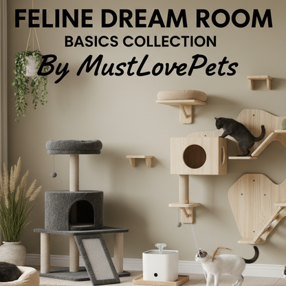 Cat play area with various cat furniture and toys in a room setting, featuring 'Feline Dream Room Basics Collection by MustLovePets'.