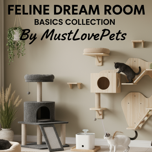 Cat play area with various cat furniture and toys in a room setting, featuring 'Feline Dream Room Basics Collection by MustLovePets'.