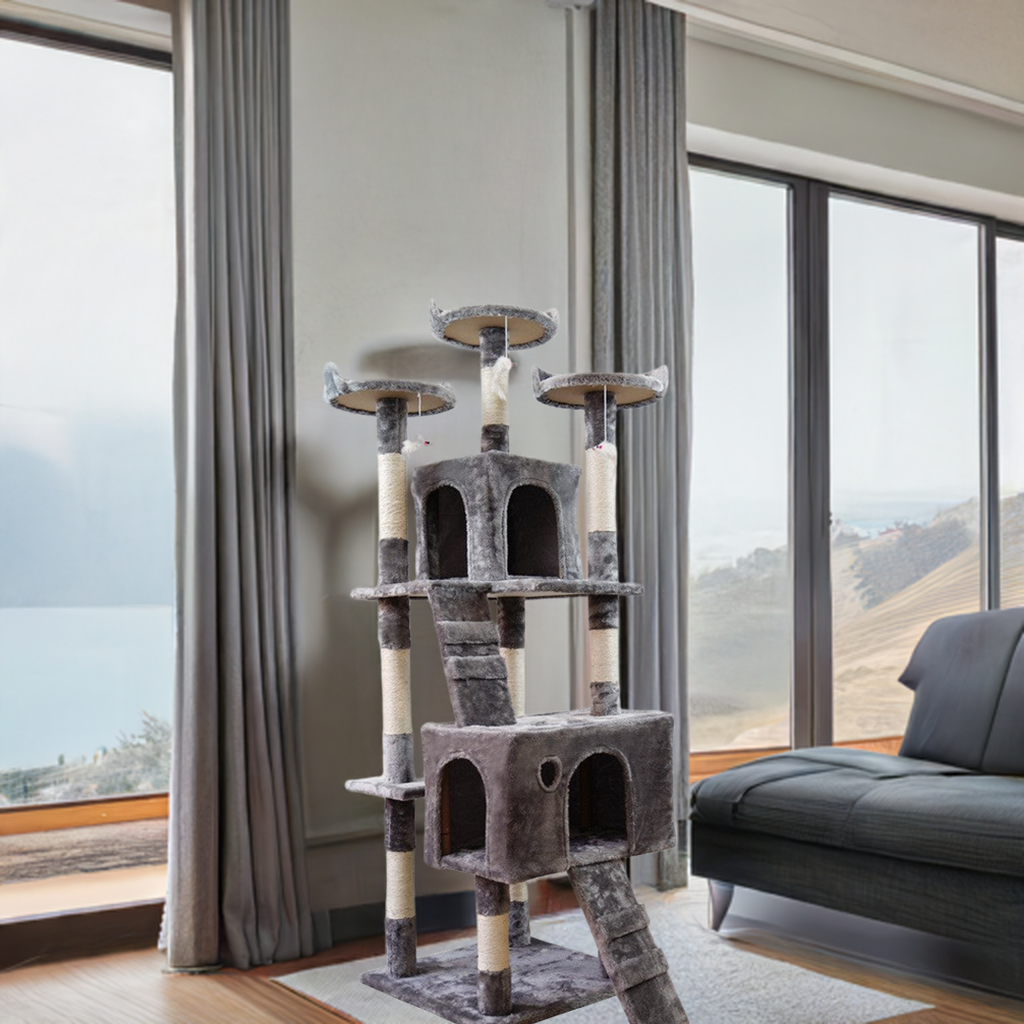 67" Premium Cat Tree Dark Gray | Large Multi-Level Cat Tower with Condos | Plush Cat Furniture